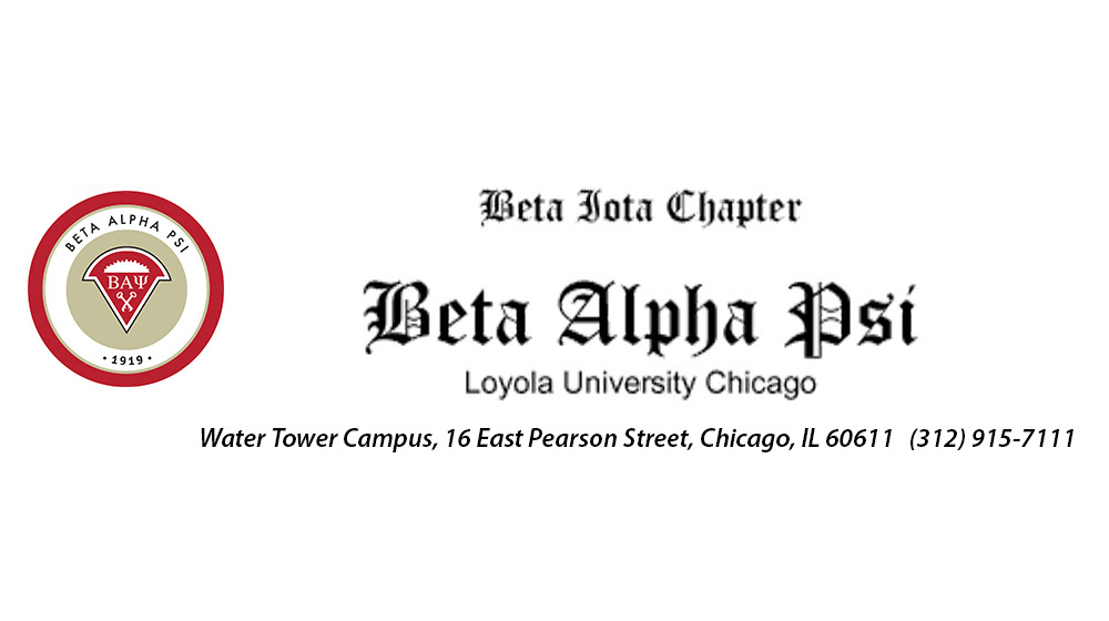 logo of Beta Alpha Psi logo at Loyola's Water Tower Campus